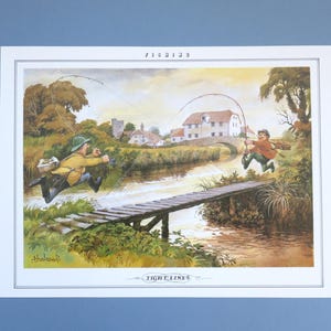 vintage Norman Thelwell Sporting impression « Tight Lines » grande page originale en couleur 12 x 9 pouces du livre de dessins animés sportifs détachés de 1984