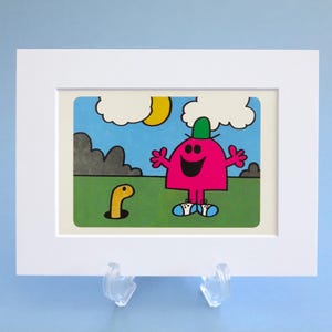 Mr Men vintage print, Mr Chatterbox in a new bright white mount, 6x8 inch in a cellophane sleeve.  Ideal gift for a nursery or child’s room.