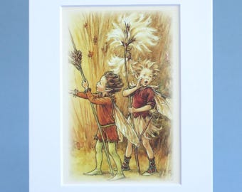 Rush Grass Fairy print, vintage Cicely Mary Barker illustration, Cottage Garden wall art, botanical art, mounted and ready to frame 6x8 inch