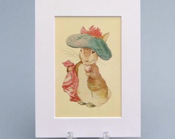 Beatrix Potter vintage print of Benjamin Bunny, 6x8 inch mounted illustration. Ideal gift ready to frame for a nursery or child’s bedroom.
