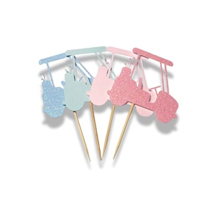 Ozdoby na babeczki w kształcie wózka golfowego - brokatowa dekoracja na baby shower - przyjęcie urodzinowe w kształcie golfa - różowo-niebieski motyw golfa - ozdoby na tort z okazji ujawnienia płci dziecka