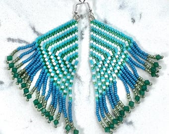 Hand-Sewn Turquoise Blue Green Fringe Earrings, Seed Bead Dangle, Swarovski Crystals, Boho Style