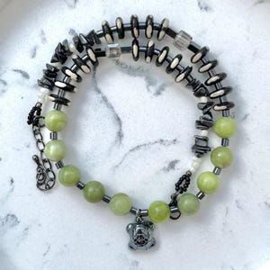 Green Serpentine Hematite Turtle Necklace, Swarovski Crystals (Crochet Pouch Set)