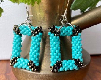 3D Rectangles Seed Bead Earrings,  Turquoise Bohemian Earrings, Geometric Beaded Jewellery, Hippie Style, Beadwoven Rectangular Earrings