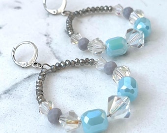Handmade Crystal Hoop Earrings, Light Blue Purple Grey Glass, Swarovski Beads, Statement Jewelry