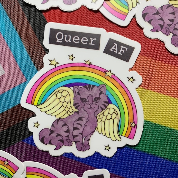Queer AF Lisa Frank style kitty sticker