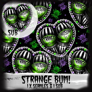 May include: A black background with a repeating pattern of green and white striped hearts with the words "Strange" and "Unusual" on them.  The hearts are surrounded by a string of purple and white beads.  There are also green and purple bugs on the background.  The text "Strange Bum! 1x Seamles & 1 Sub" is at the bottom of the image.