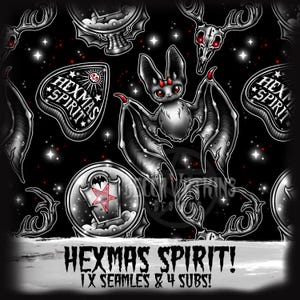 May include: A seamless pattern featuring a cute bat with red accents, surrounded by gothic-themed illustrations. The design includes a tombstone, deer skull, and the text "HEXMAS SPIRIT!" on a black background with white stars.