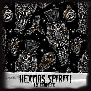May include: A black and white seamless pattern featuring a spooky Christmas theme. The pattern includes a skeleton nutcracker, a coffin, a candy cane, a holly sprig, and a skull ornament. The text "Hexmas Spirit! 1x Seamless" is at the bottom of the image.