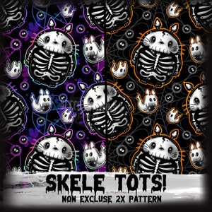 May include: A seamless pattern featuring a black and white skeleton Totoro with a purple, blue, and green background. The pattern also includes white ghosts and black and white Totoro eyes. The text "SKELE TOTS! NON EXLCUSE 2X PATTERN" is at the bottom of the image.