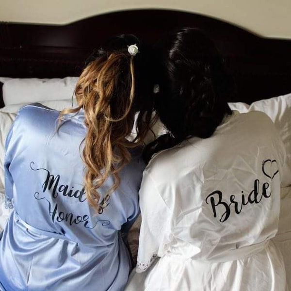 Bridesmaid Robes Bridesmaid Lace Robes Lace Bridal Robes Bridal Party Robes Satin Robes Dusty blue Robe Pretty Robes Flower girl Robes