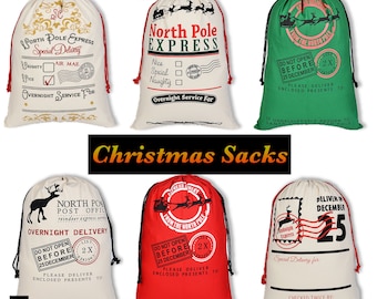 May include: Six different Christmas sacks with various designs. The sacks are made of canvas and have a drawstring closure. The designs include a reindeer, Santa Claus, and a North Pole Express theme. The sacks are all white with red and green accents.