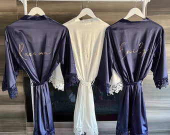 Túnicas de dama de honor Túnicas de encaje de dama de honor Túnicas de novia azul marino Túnicas de fiesta nupcial Túnicas de satén Túnica azul polvoriento Túnicas de niña de flores Túnica de dama de honor