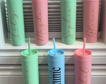 Personalized Tumbler with Straw,Bridesmaid Proposal Tumbler,Bridal Shower Favors,Bridesmaid Gifts,Flower girl gift ,Pastel Skinny Tumblers