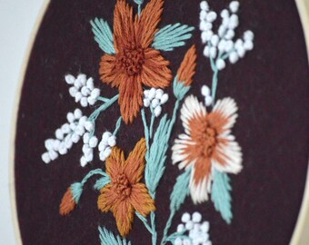 Hand-Embroidered Floral Hoop Art | Botanical Wall Decor | Rustic Embroidery on Dark Fabric