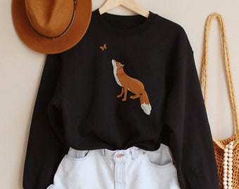 Fox Sweatshirt, Cute Fox Shirt, Gift For Fox Lover, Graphic Animal Sweater For Women, Butterfly Crewneck, Gift For Butterfly Lover