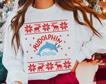Dolphin Christmas Sweatshirt Christmas Party Shirt Funny Christmas Sweater Reindeer Crewneck Holiday Gift For Dolphin Lover Dolphin Shirt