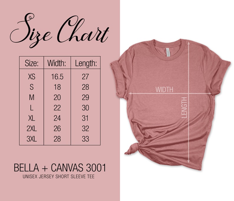 May include: Size chart for a unisex jersey short sleeve tee, showing measurements in inches for width and length for sizes XS, S, M, L, XL, 2XL, and 3XL. The chart is on a pink background. The text "BELLA + CANVAS 3001" is below the chart.