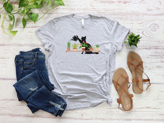 Cat Watering Plants Shirt, Plant Lady Short Sleeve T-shirt