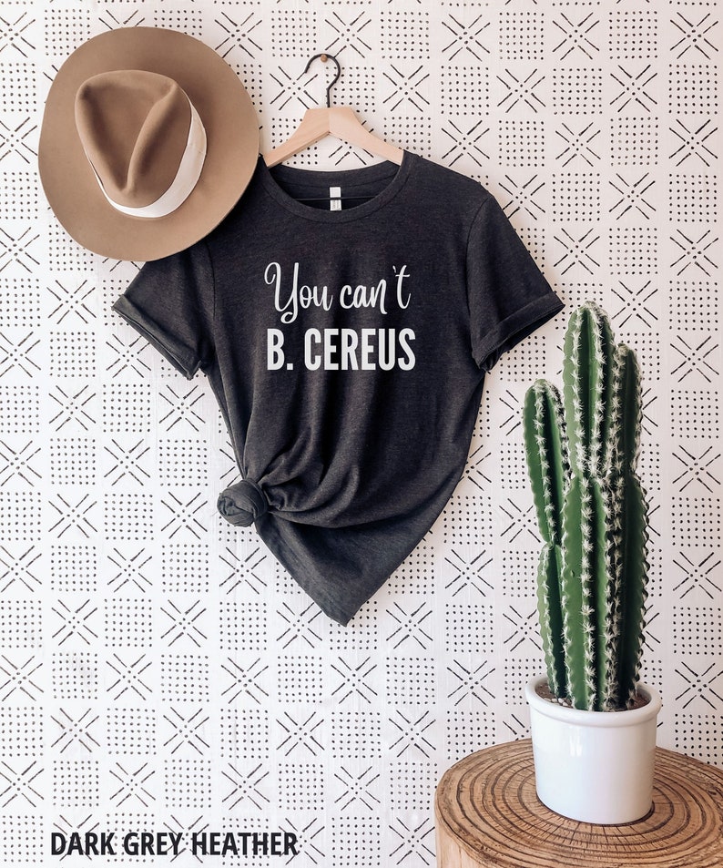 K&ouml;nnte beinhalten: Dunkelgraues T-Shirt aus Heather-Material mit dem in Wei&szlig; gedruckten Text "You can't B. CEREUS". Das T-Shirt h&auml;ngt an einem Holzb&uuml;gel vor einem wei&szlig;en Hintergrund mit einem schwarz-wei&szlig;en geometrischen Muster.
