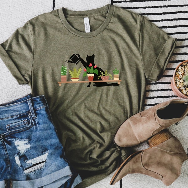 Cat Watering Plants Shirt, Plant Lady Short Sleeve T-Shirt, Gardening Shirt, Gardener Shirt, Cats and Plants, Funny Cat Gift For Cat Lover