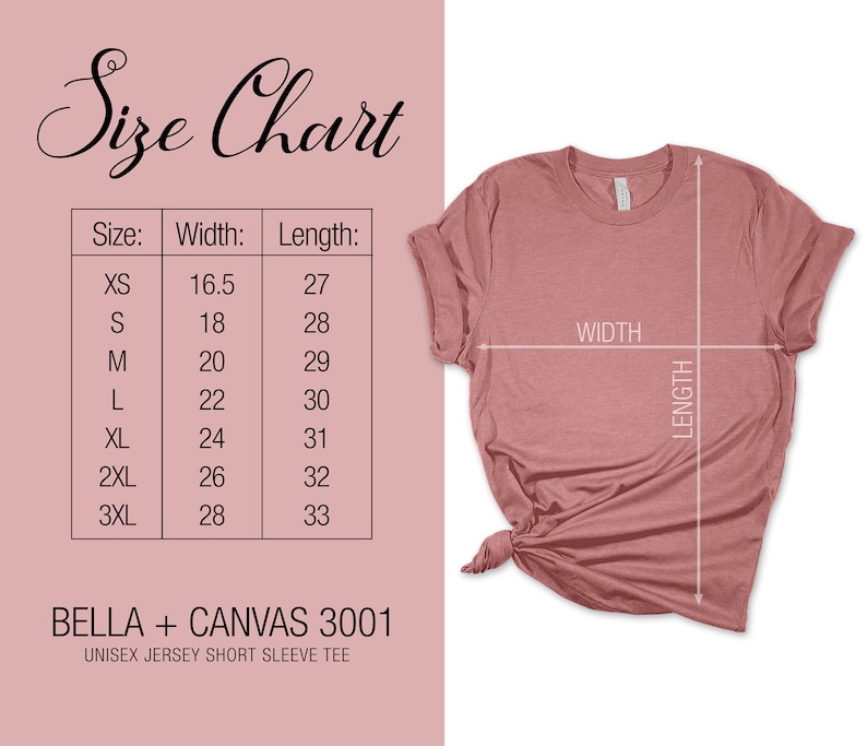 Puede incluir: Tabla de tallas para una camiseta de manga corta de jersey unisex, que muestra las medidas en pulgadas de ancho y largo para las tallas XS, S, M, L, XL, 2XL y 3XL. La tabla est&aacute; sobre un fondo rosa. El texto "BELLA + CANVAS 3001" est&aacute; debajo de la tabla.