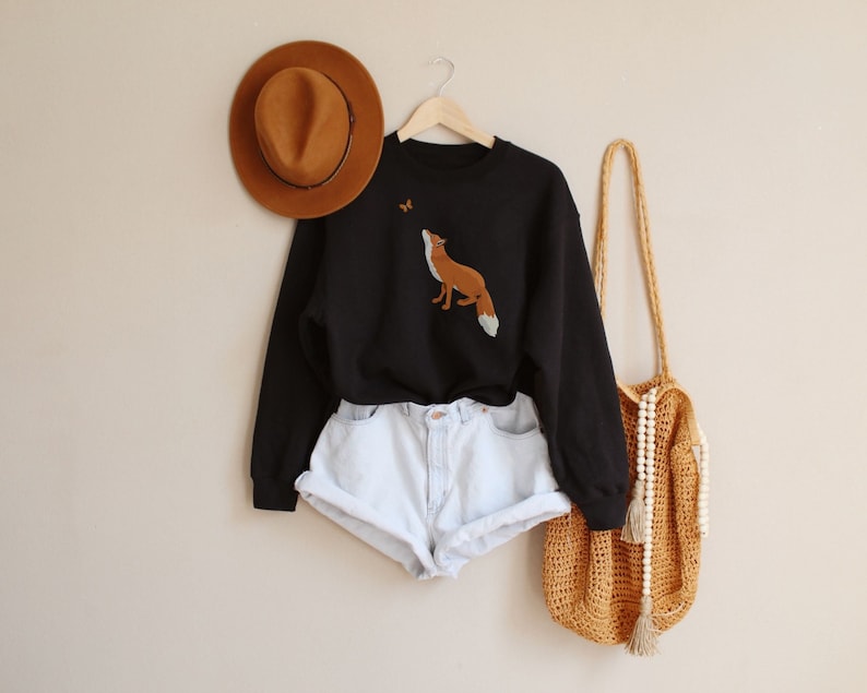 Fox Sweatshirt, Cute Fox Shirt, Gift For Fox Lover, Graphic Animal Sweater For Women, Butterfly Crewneck, Gift For Butterfly Lover Black