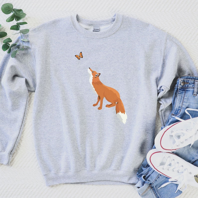 Fox Sweatshirt, Cute Fox Shirt, Gift For Fox Lover, Graphic Animal Sweater For Women, Butterfly Crewneck, Gift For Butterfly Lover Sport Grey