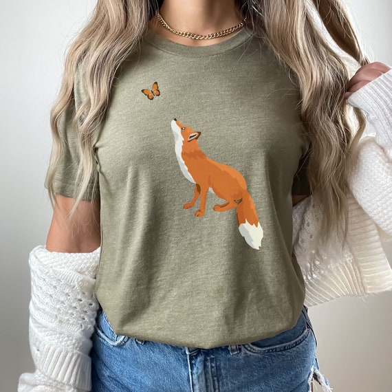 Fox Shirt, Gift For Fox Lover, Graphic Animal Tshirt For Women, Butterfly Shirt, Gift For Butterfly Lover, Outdoors Forest Tee, Fox Apparel