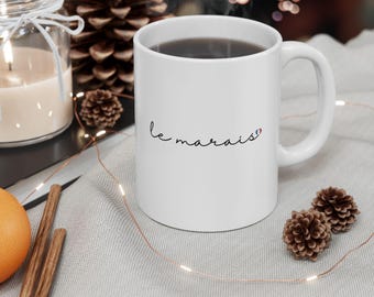 Le Marais Mug, Paris France Coffee Cup, Trendy French Neighborhood Travel Souvenir, Honeymoon Gift, Cute European Vacation Ceramic Cups