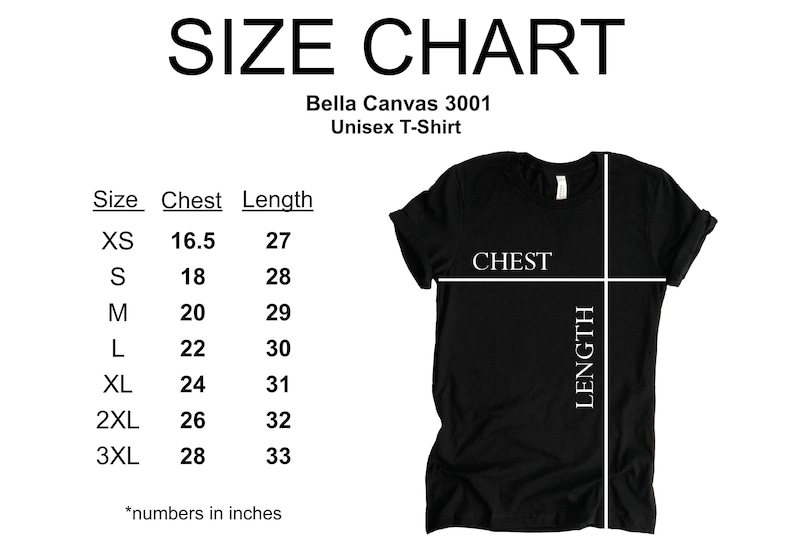 May include: Size chart for a Bella Canvas 3001 unisex t-shirt. The chart shows the chest and length measurements in inches for sizes XS to 3XL.
