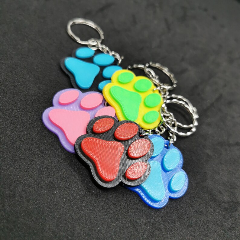 May include: Five colorful paw print keychains with silver key rings. The paw prints are in shades of blue, green, pink, red, and light blue.
