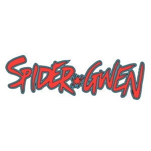 May include: The words "SPIDER-GWEN" in a stylized, comic book-style font. The text is red with a blue outline, and a small spider graphic is between the words. The overall design has a bold, eye-catching appearance.