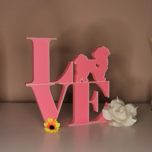 May include: Pink wooden LOVE sign with a silhouette of a dog in the middle of the letters. The sign is on a white surface with a yellow flower and a white rose.