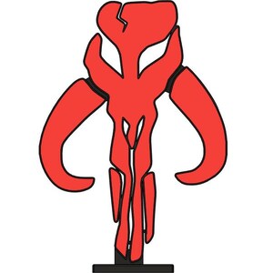 May include: A red Mandalorian symbol with a black outline. The symbol is on a black stand.