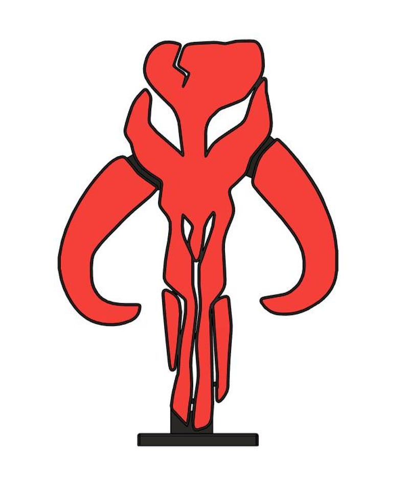 May include: A red Mandalorian symbol with a black outline. The symbol is on a black stand.