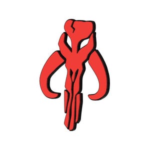 May include: Red and black Mandalorian symbol, a stylized skull with horns, on a white background.
