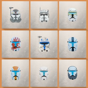 May include: Nine different Star Wars clone trooper helmet designs. The helmets are white with various colored markings. The helmets are all facing forward.