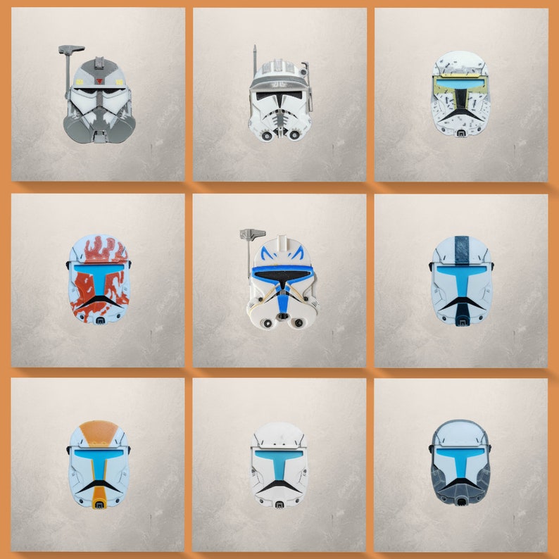 May include: Nine different Star Wars clone trooper helmet designs. The helmets are white with various colored markings. The helmets are all facing forward.