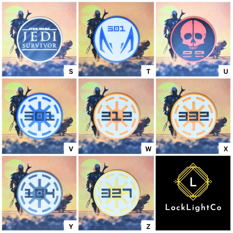 Puede incluir: Nueve parches redondos, coloridos, para planchar con varios dise&ntilde;os, incluyendo una calavera, un logotipo para el videojuego "Star Wars Jedi: Survivor", y una serie de n&uacute;meros. Los parches est&aacute;n dispuestos en una cuadr&iacute;cula de tres filas y tres columnas. Los parches est&aacute;n todos sobre un fondo blanco.