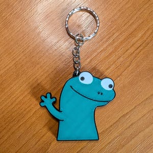 Peut inclure: Un porte-cl&eacute;s en forme de l&eacute;zard de dessin anim&eacute; turquoise avec un contour noir. Le l&eacute;zard a des yeux blancs et l&egrave;ve la main droite. Le porte-cl&eacute;s a un anneau et une cha&icirc;ne argent&eacute;s.