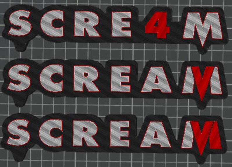May include: Three images of the word "SCREAM" in black with a red outline and a grey striped pattern. The first image has a red "4" in place of the "A". The second and third images have a red "V" in place of the "A".