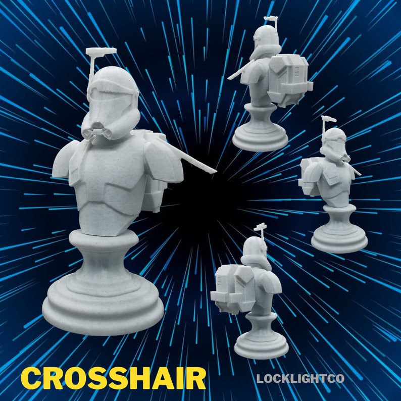 May include: White 3D printed bust of a Star Wars clone trooper with a blaster rifle. The bust is on a round base and the background is a blue and white starburst pattern. The text "CROSSHAIR" is in yellow at the bottom of the image. The text "LOCKLIGHTCO" is in white at the bottom right of the image.