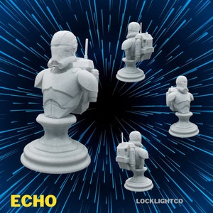 May include: A white 3D printed bust of a Star Wars clone trooper, Echo, from the Bad Batch. The bust is on a white base and is shown from four different angles. The background is a blue and white starburst pattern. The text "ECHO" is in yellow at the bottom left and "LOCKLIGHTCO" is in white at the bottom right.