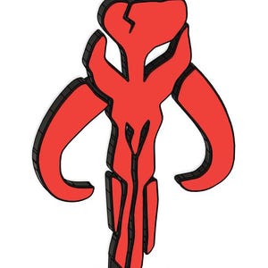 May include: A red and black Mandalorian symbol, also known as the "Cuy'ar", is a popular symbol from the Star Wars universe. The symbol is a stylized representation of a mythical creature's skull.