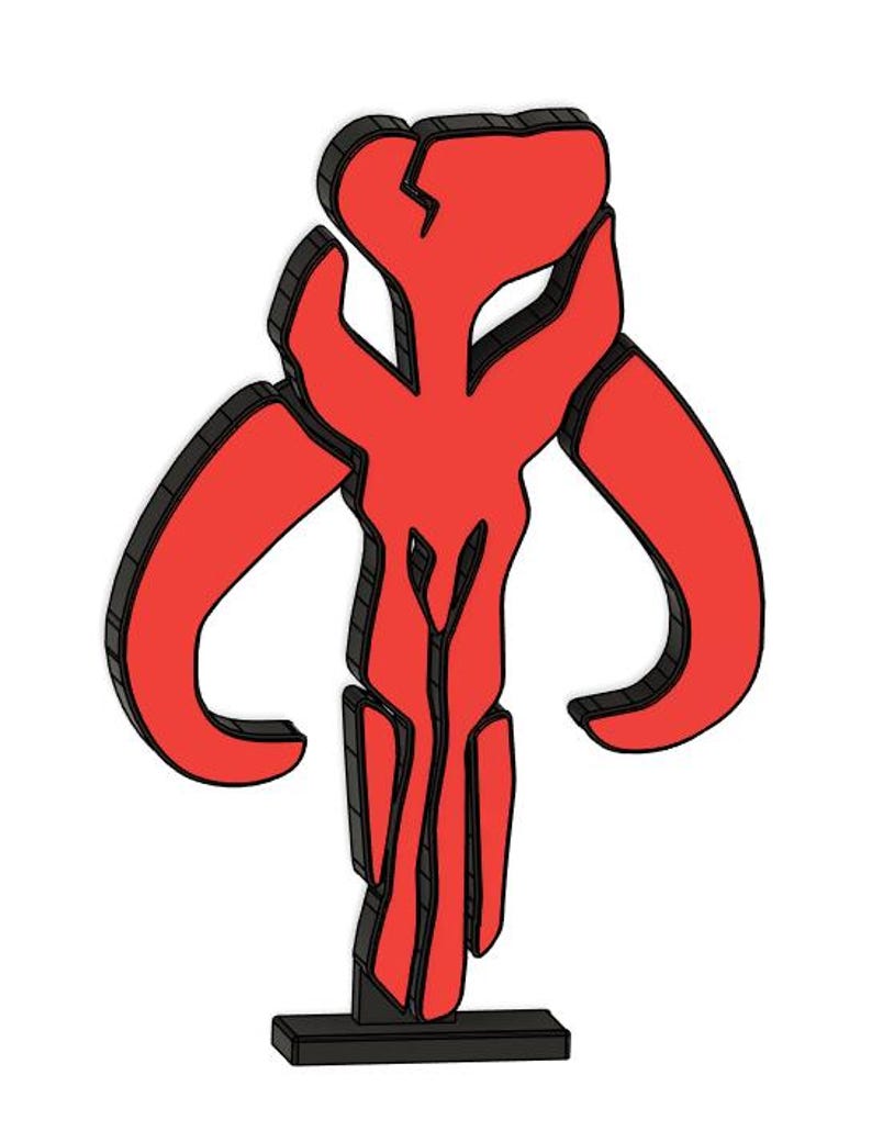 May include: A red and black Mandalorian symbol, also known as the "Cuy'ar", is a popular symbol from the Star Wars universe. The symbol is a stylized representation of a mythical creature's skull.