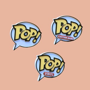 May include: Three yellow and black Pop! vinyl figure stickers with speech bubbles. The top sticker says "Pop! Custom Name". The middle sticker says "Pop! Vinyl".