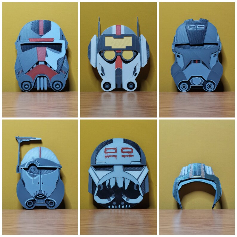 Pu&ograve; includere: Sei diversi design di elmetti di cloni di Star Wars. Gli elmetti sono in plastica e sono dipinti in vari colori, tra cui bianco, nero, rosso e blu. Gli elmetti sono tutti di design diverso, ma hanno tutti la stessa forma di base.