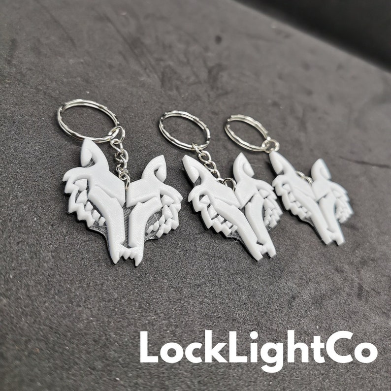 May include: Three white wolf head keychains with silver key rings. The wolf heads are detailed with a textured design. The keychains are arranged in a row on a dark gray surface. The text "LockLightCo" is visible in the bottom center of the image.