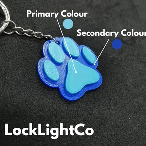 May include: A blue paw print keychain with a light blue paw print design. The keychain is attached to a silver chain.